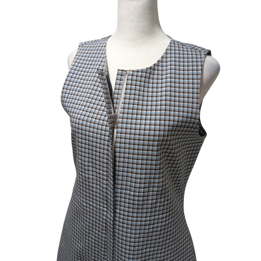 Theory Easy‎ Crew Shift Dress Blue Grey Check Plaid Zip Front Viscose Mod Vibe 4